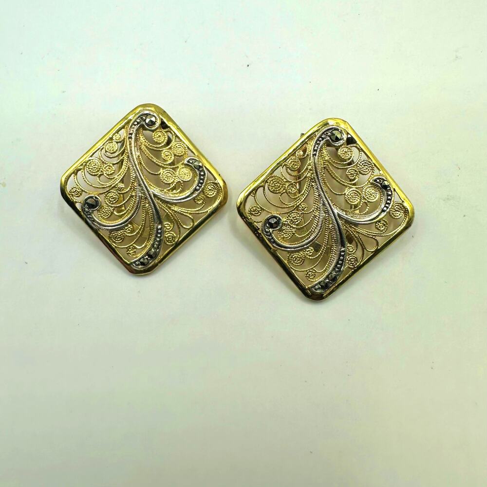 Gold Vermeil Filigree Clip On Vintage Earrings Marked SILVER TIKA Stamped retro